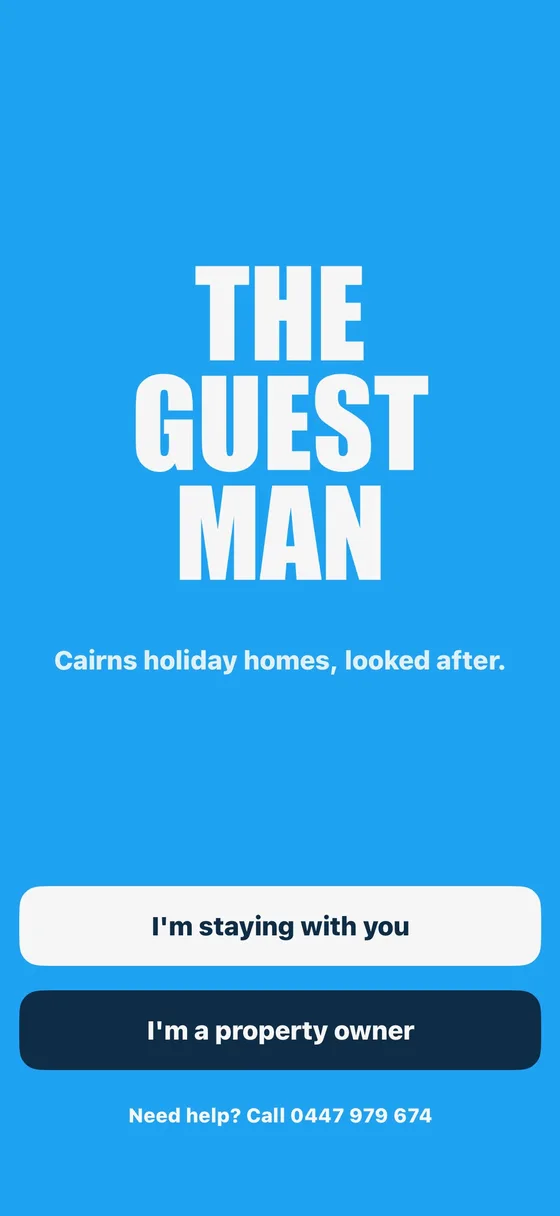 The Guest Man app start screen: I'm staying with you, or I'm a property owner