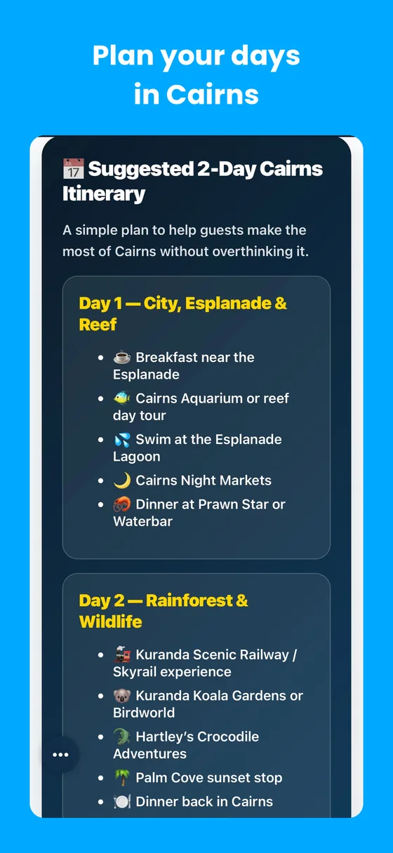Suggested two-day Cairns itinerary in the app