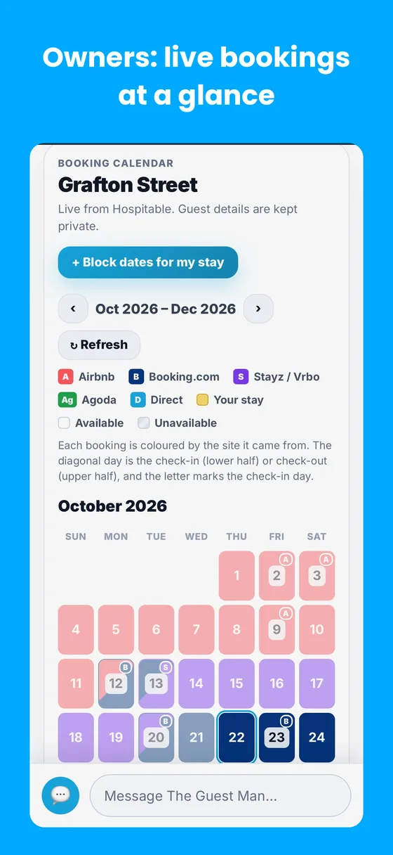 Owner booking calendar coloured by booking site