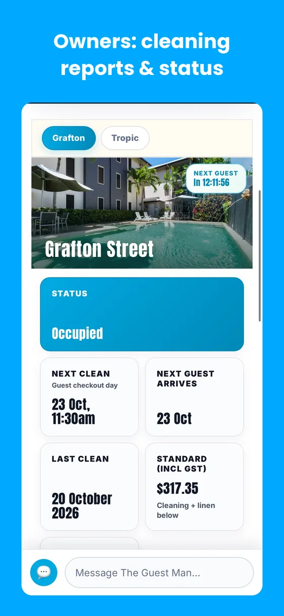 Owner dashboard showing next clean and next guest