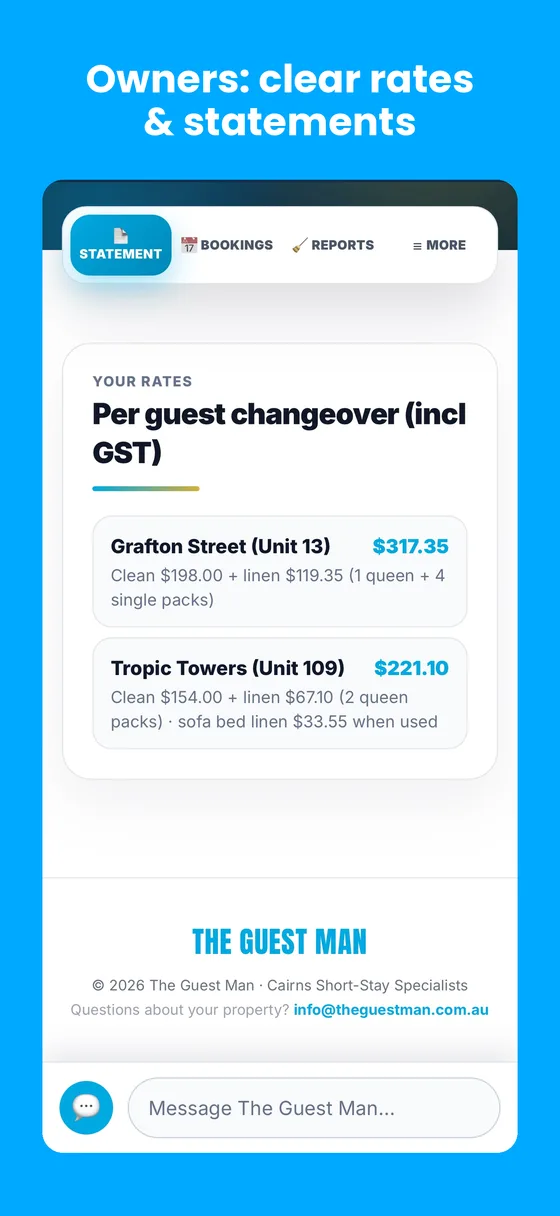 Owner rates and statements screen