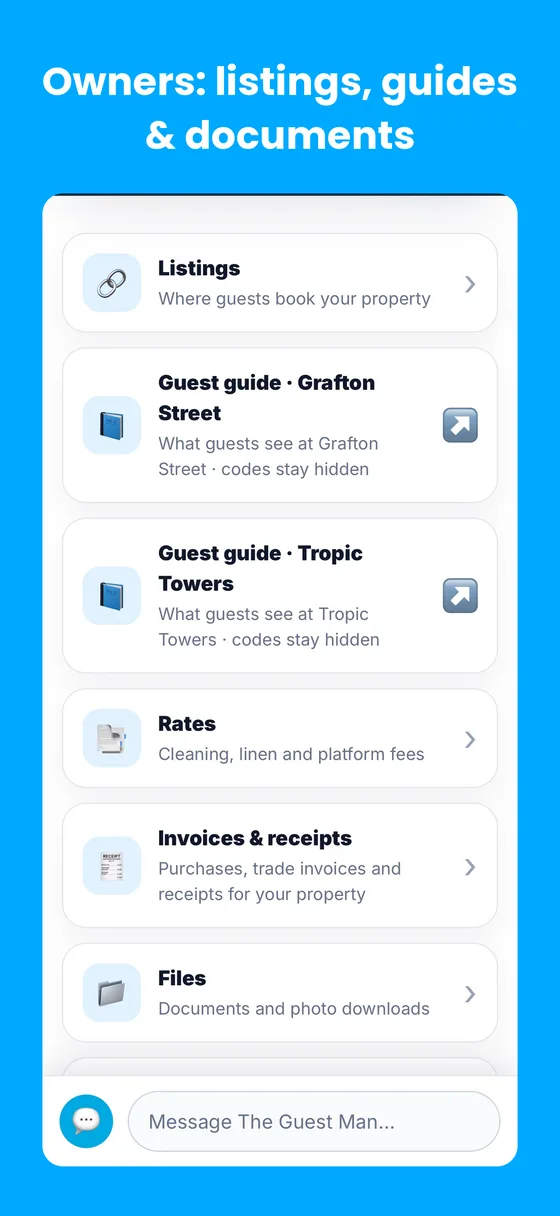 Owner listings, guest guides and documents screen