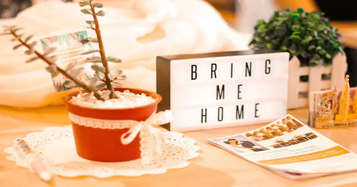 Welcoming holiday rental table with a Bring Me Home lightbox sign, plant and local tour brochures