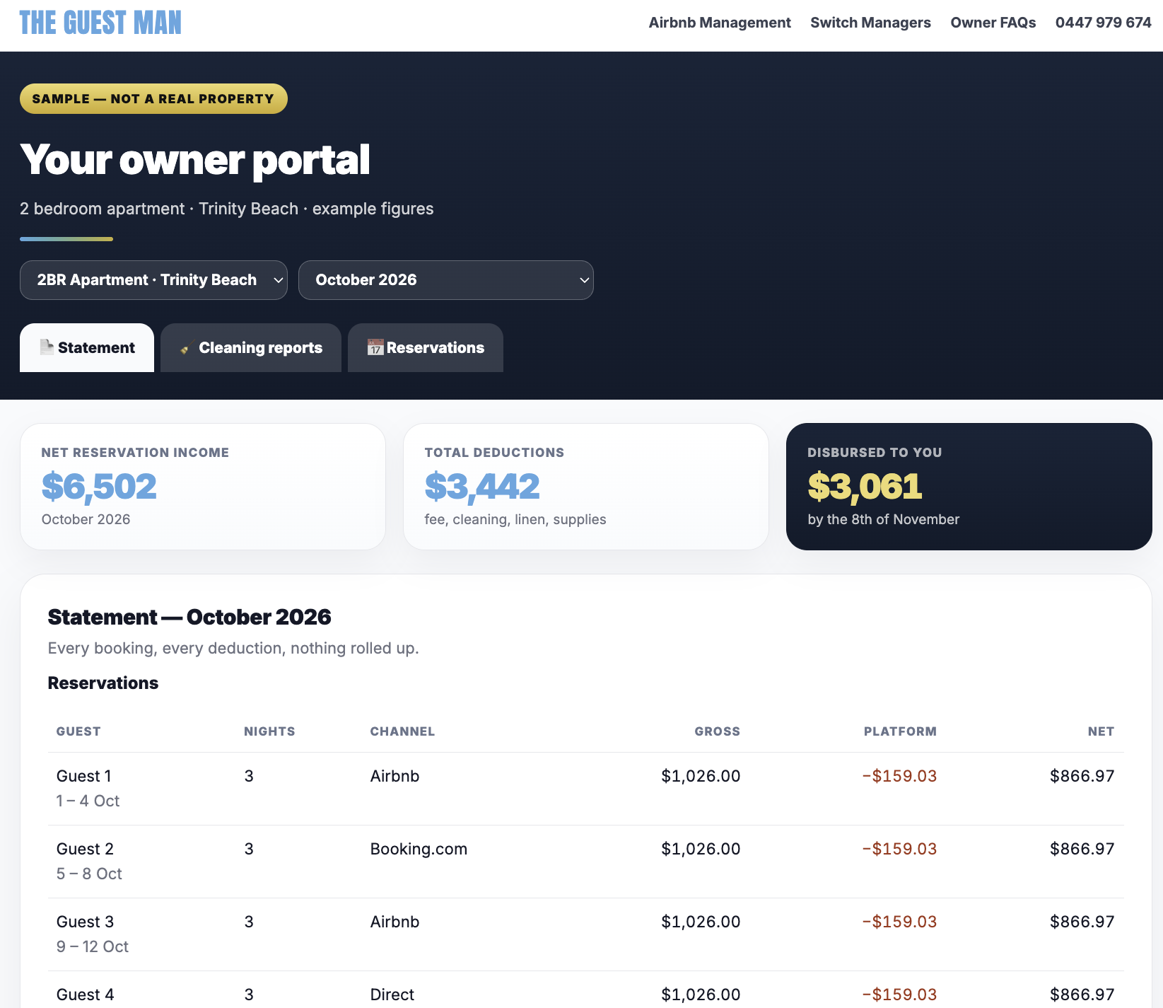 Screenshot of The Guest Man's real sample owner portal showing the October 2026 statement, net reservation income and disbursement for a Cairns property