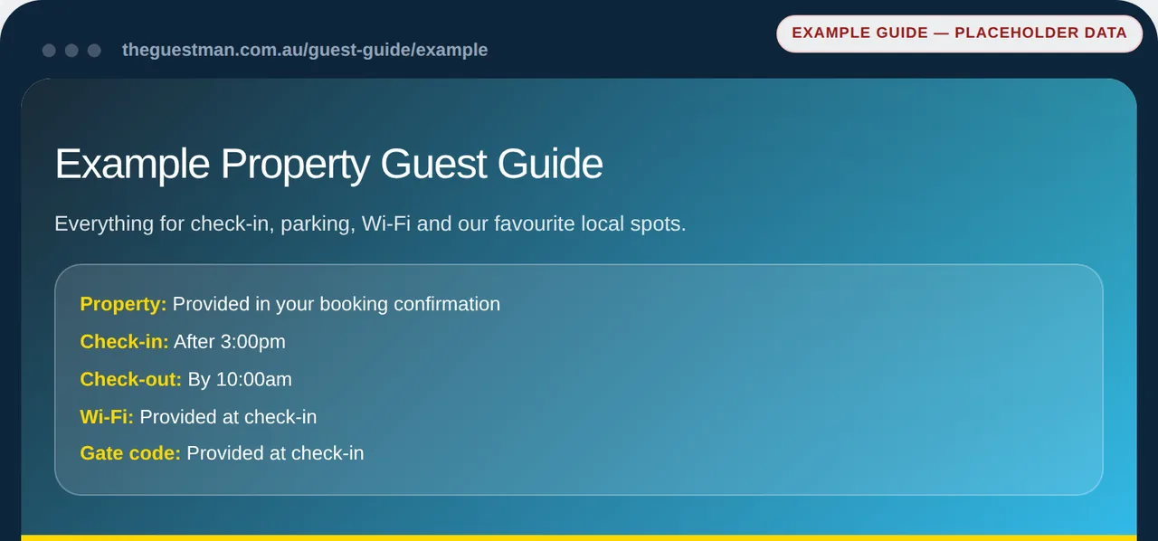 Example guest guide showing check-in time, Wi-Fi and gate code for a Cairns property