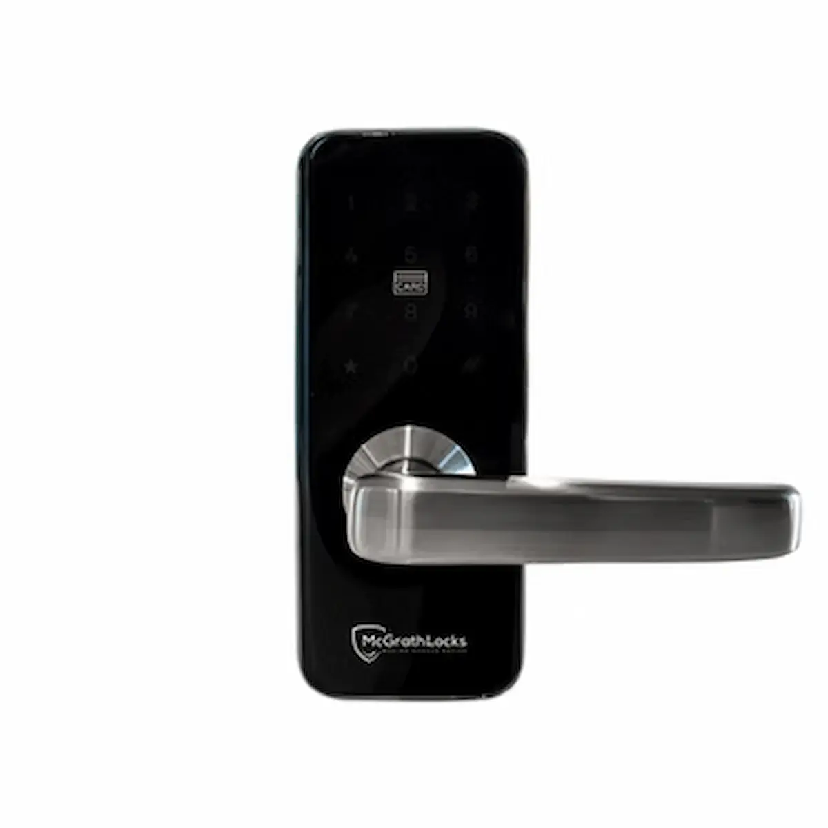 Example keypad door lock with touch-screen number pad and lever handle