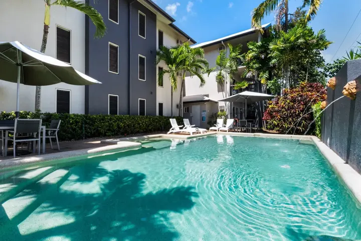 Saltwater pool with sun lounges at the Grafton Street complex